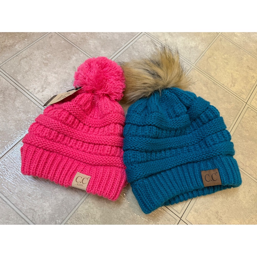 CC Kids Cable Knit Beanie Pink
CC Women's Teal Blue Faux Fur Pom Winter Hat Set
